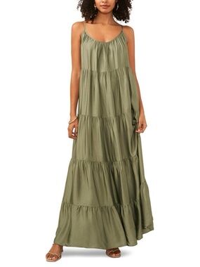 Vince Camuto Olive Green Tiered Maxi Dress with Spaghetti Straps